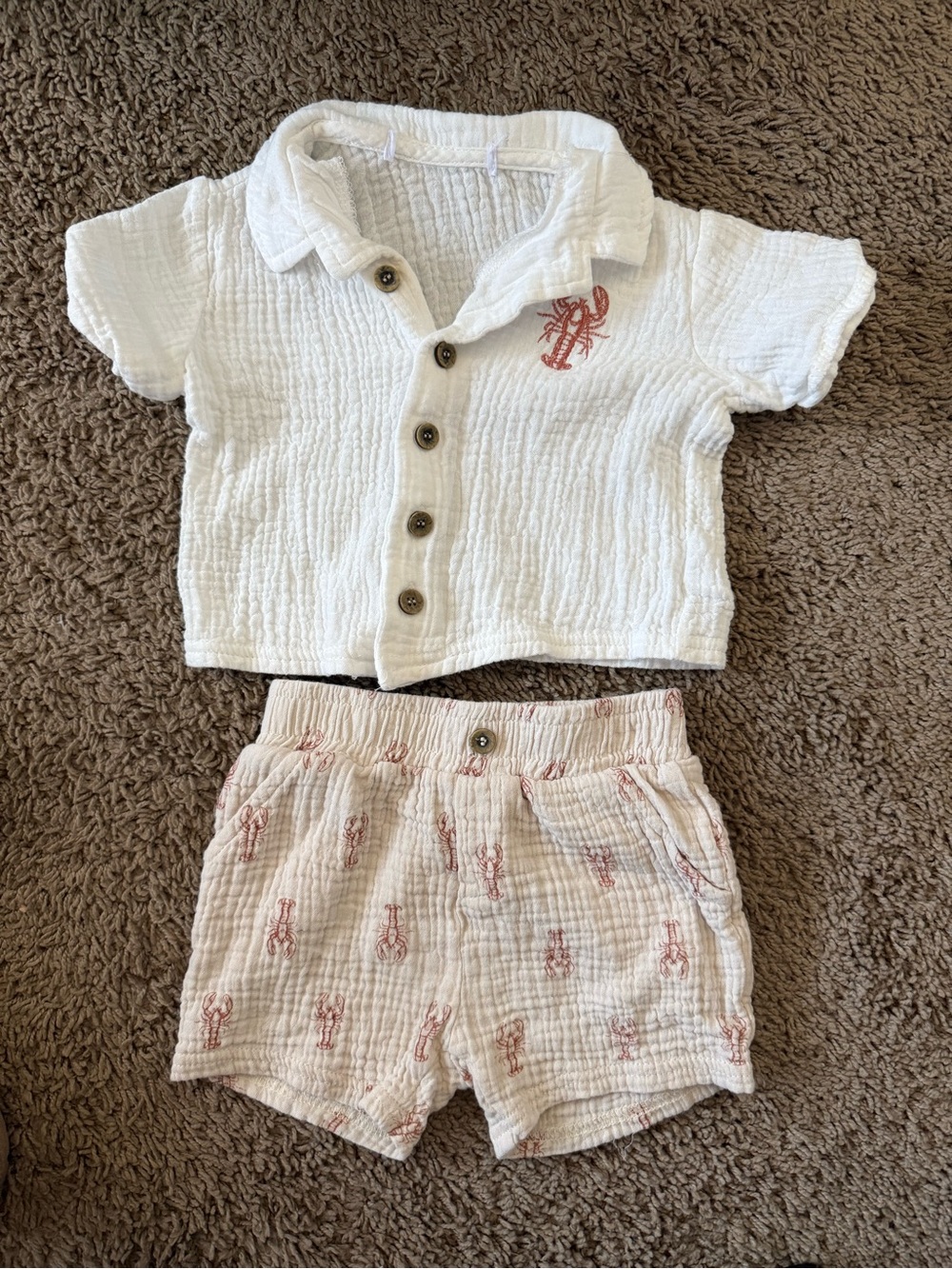 Kids White Two-Piece Shirt & Shorts Set with Red Lobster Detail